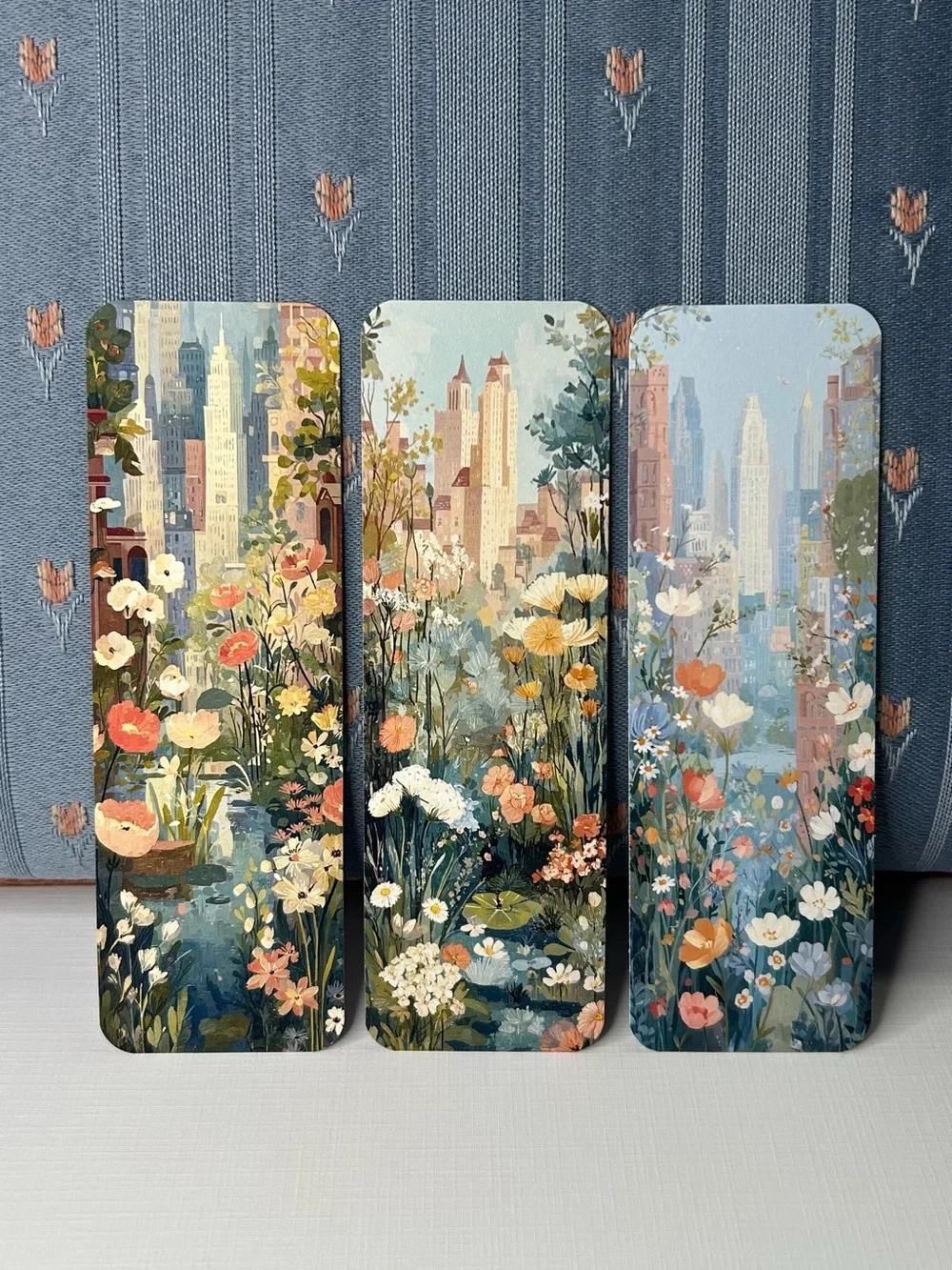 3 Botanical Cityscape Bookmarks- Blue & Multicolor